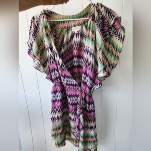 100% Silk Parker Chevron Colorful Patterned Ruffle Sleeve Dress Xs